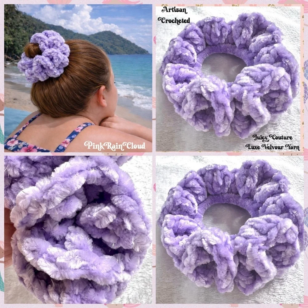 Handmade VELVET Shimmer Pastel Purple Crochet Lush Hair Scrunchie PinkRainCloud